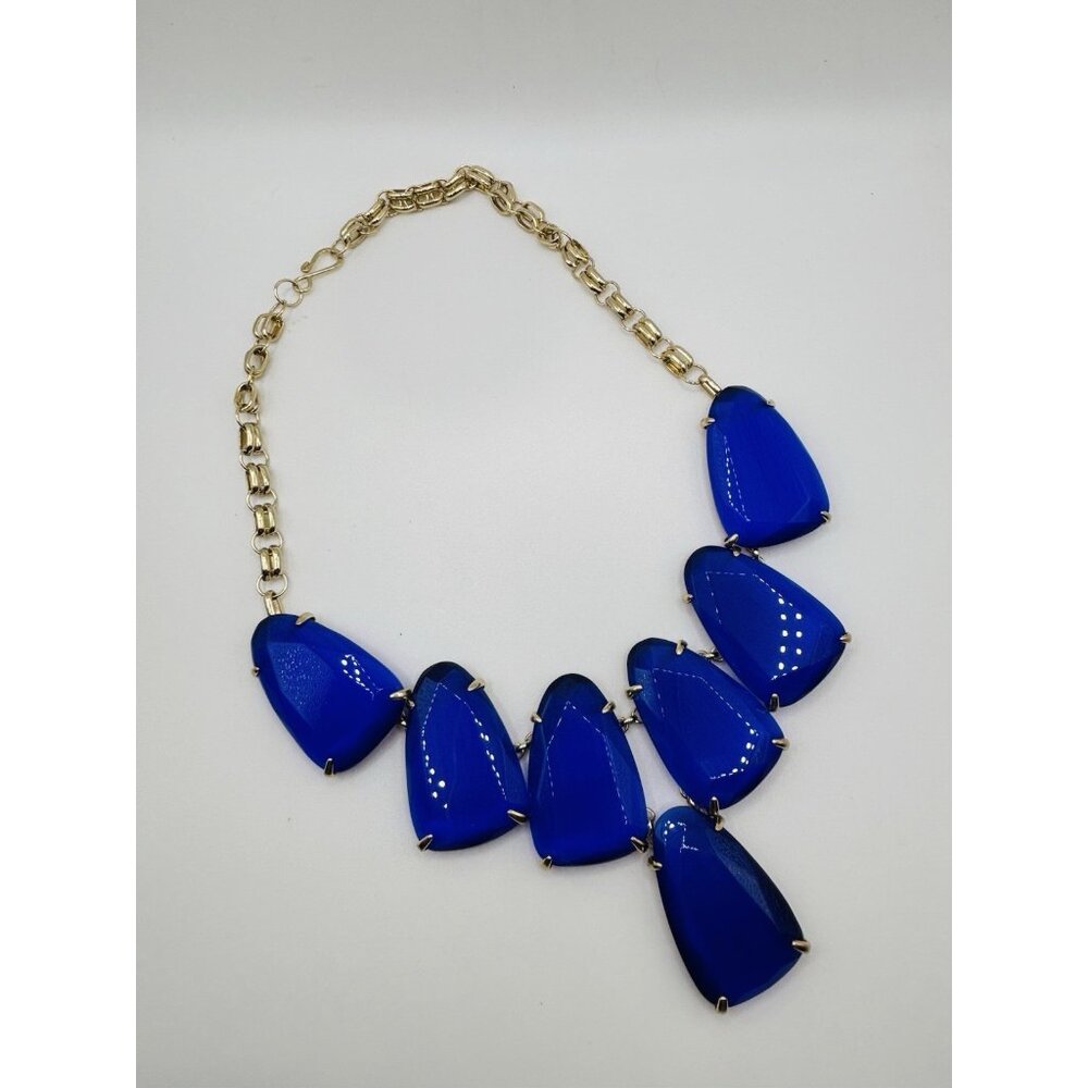 Cobalt Blue Gold Tone Chunky Statement Necklace 18” Heavy
